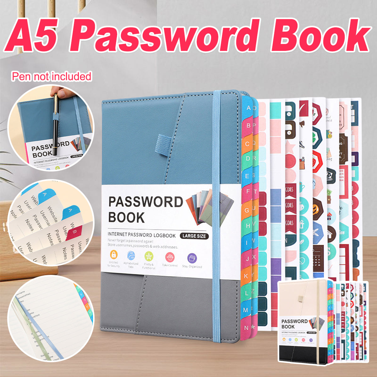 A5 Password Book with Alphabetical Tabs and Planning Stickers