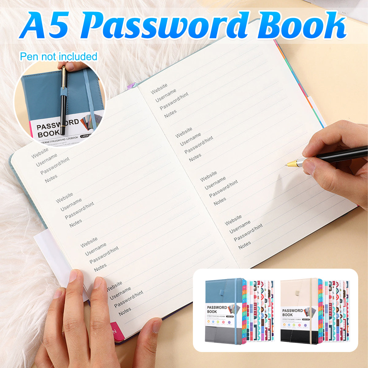 A5 Password Book with Alphabetical Tabs and Planning Stickers