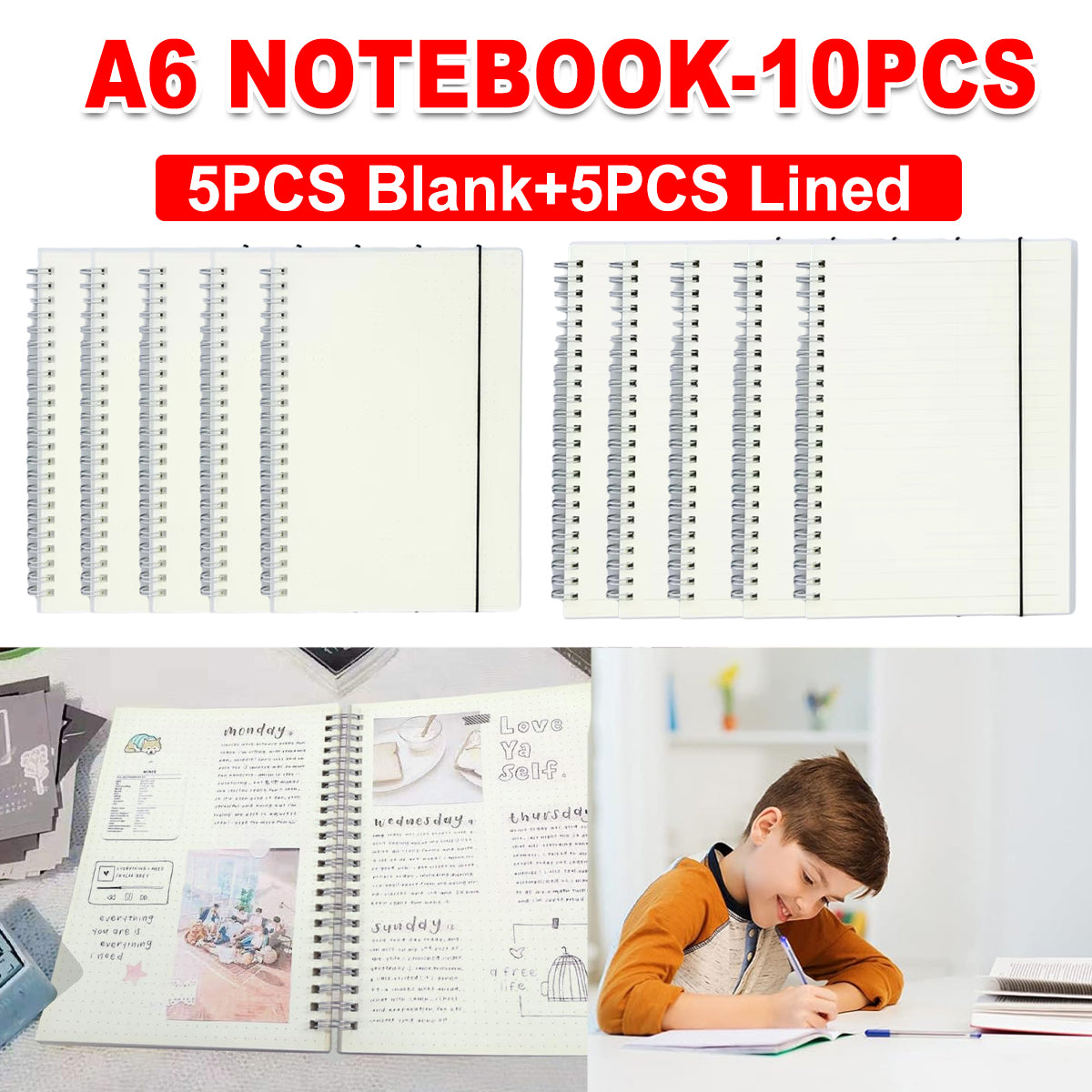 10 Pcs Spiral Notebooks Blank and Lined Coil Waterproof Cover