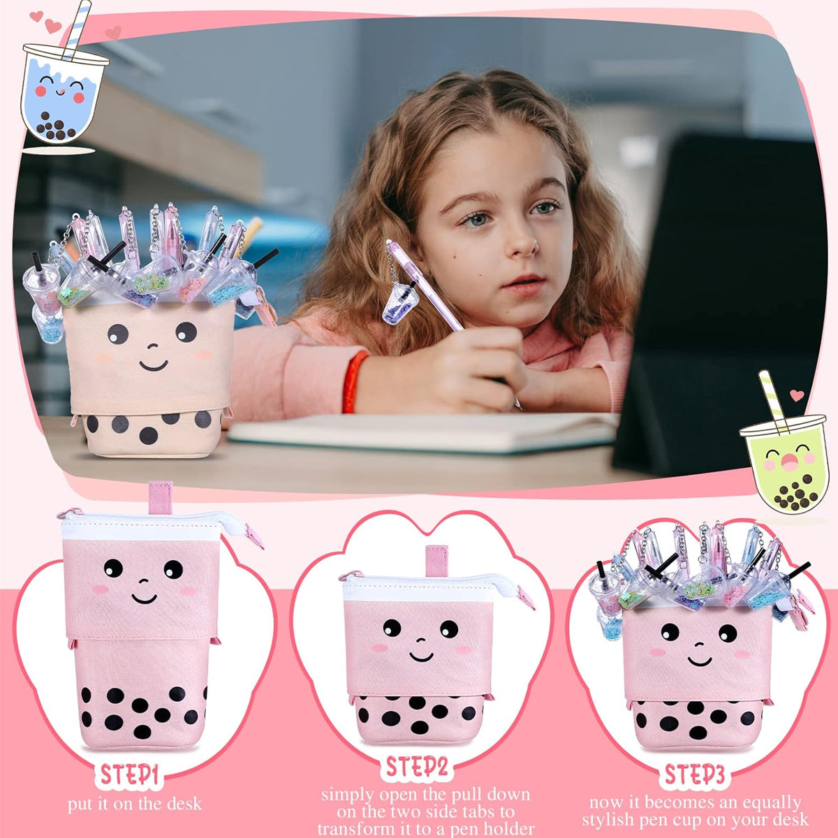 2 Pcs Bubble Tea Telescopic Pencil Case Canvas Beige Pink