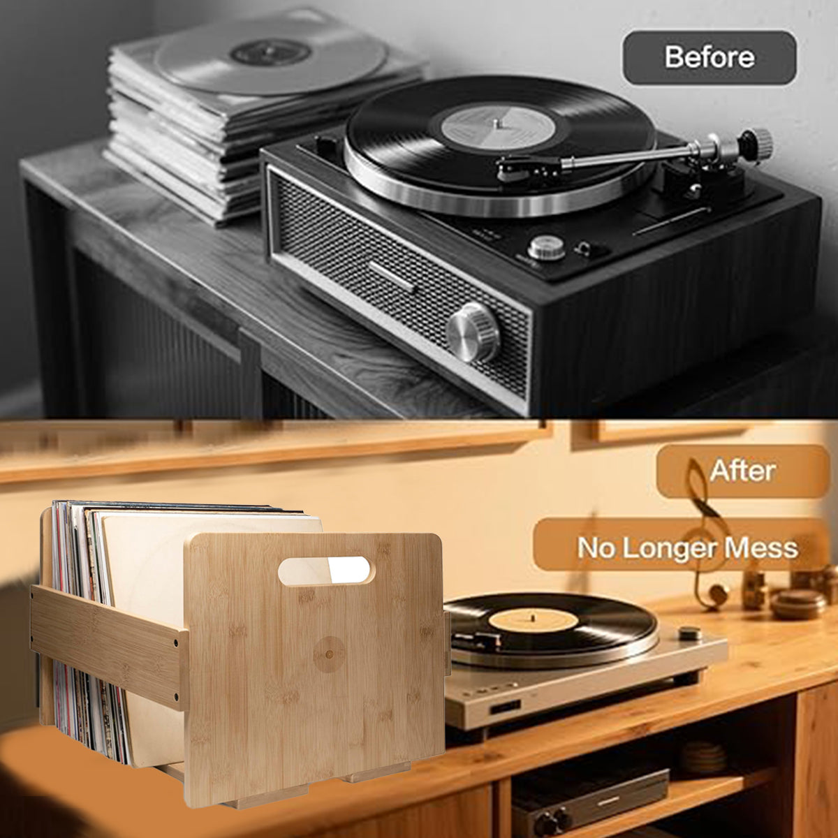 Bamboo Wood Vinyl Record Stand with Carry Handles