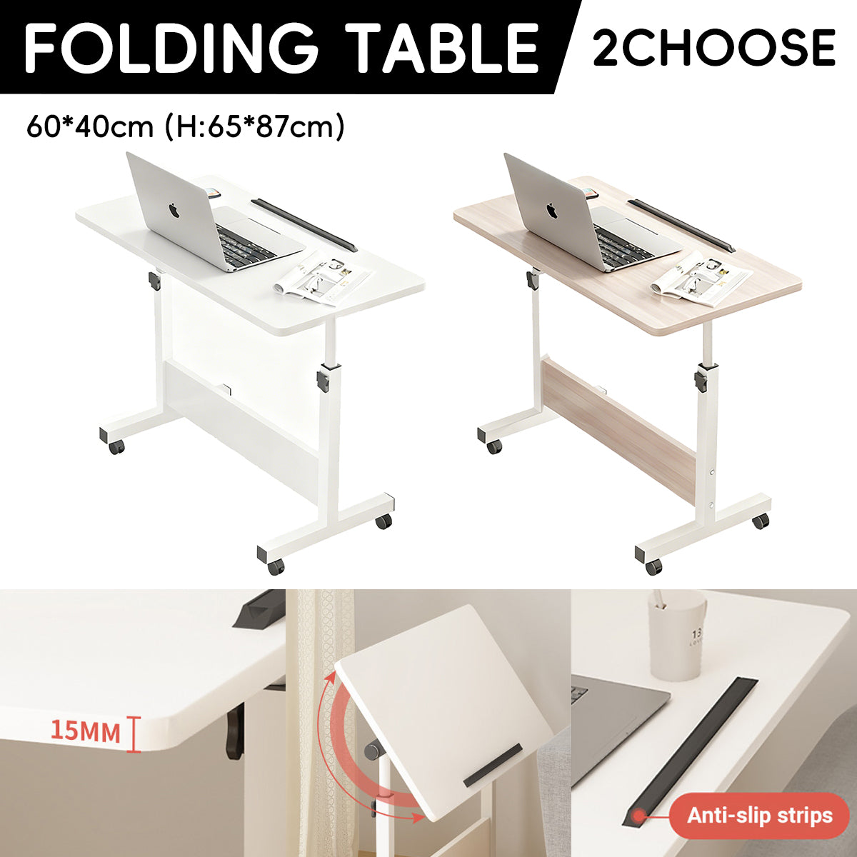 Moveable Foldable Table with Wheels Adjustable Height