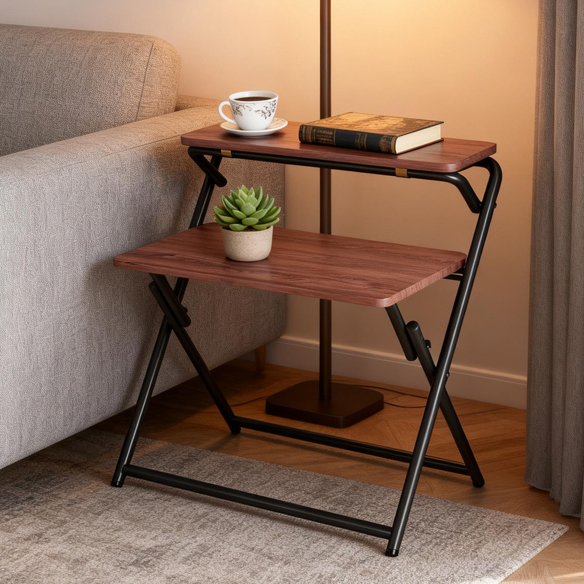 Double Layer Foldable Desk with Metal Frame Study