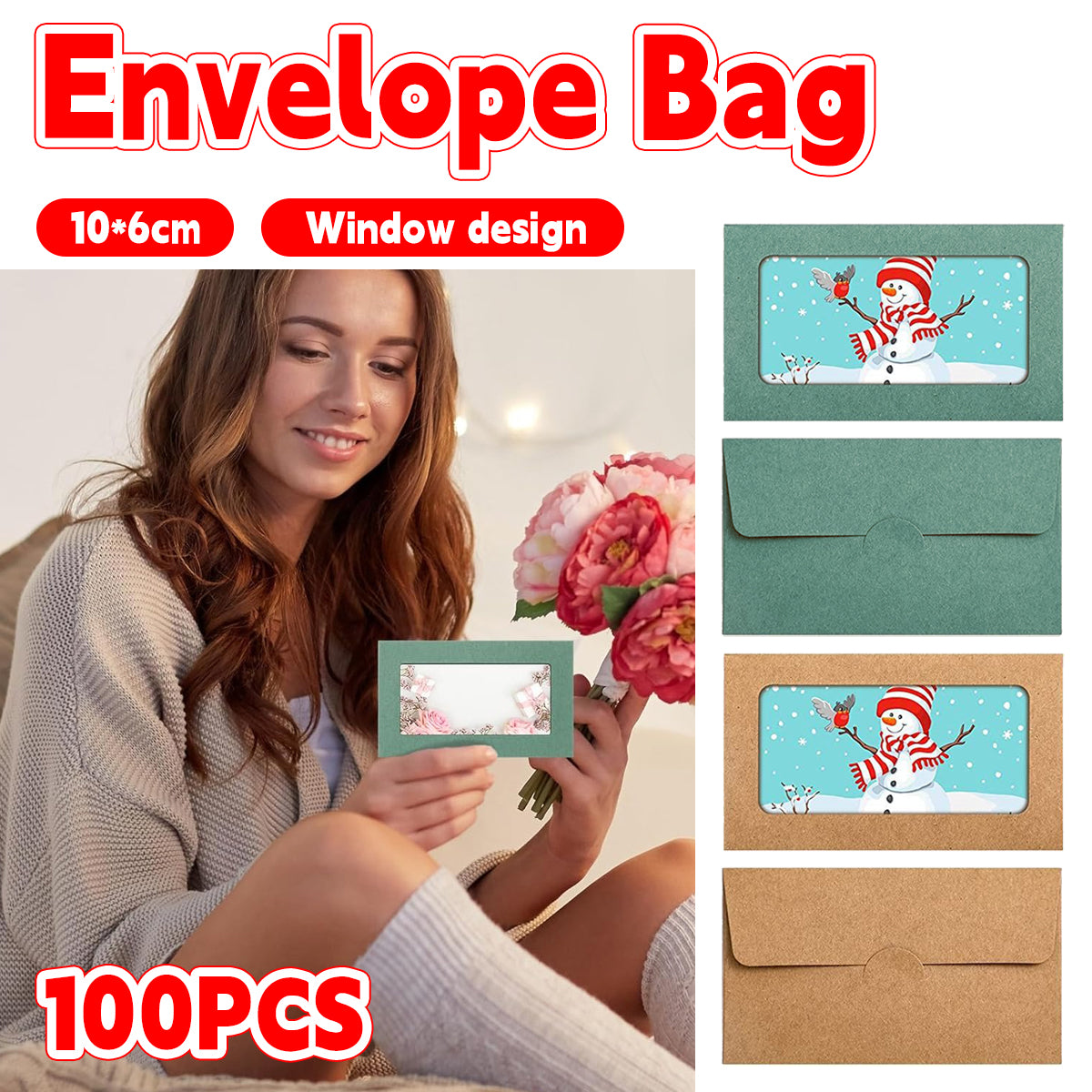 100 Pcs Kraft Window Envelopes Self-Seal