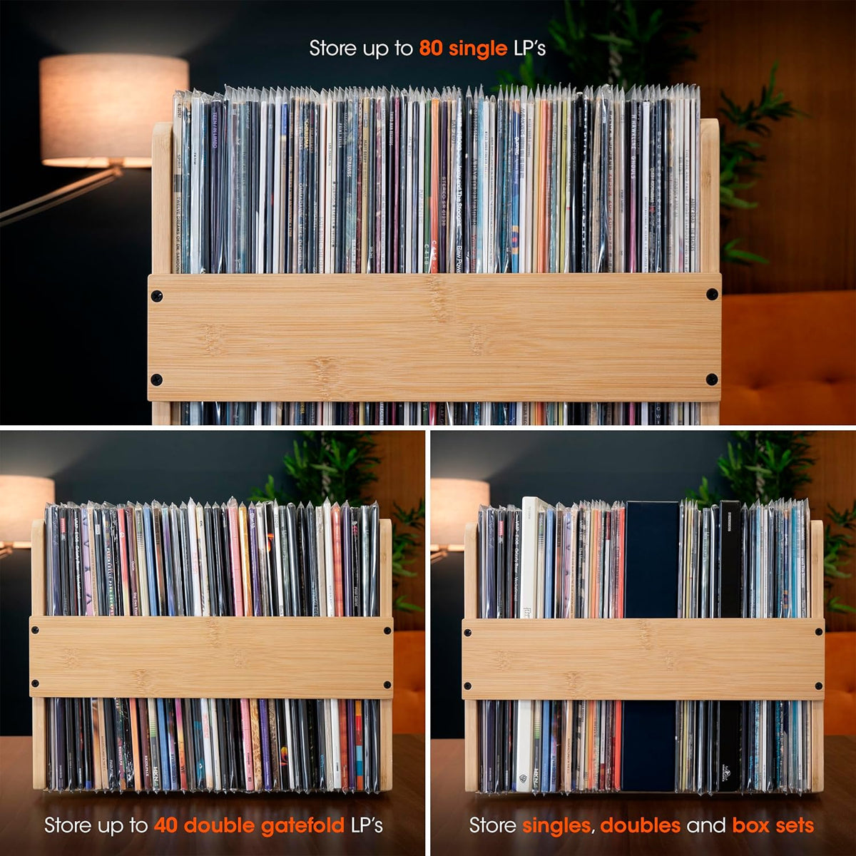 Bamboo Wood Vinyl Record Stand with Carry Handles