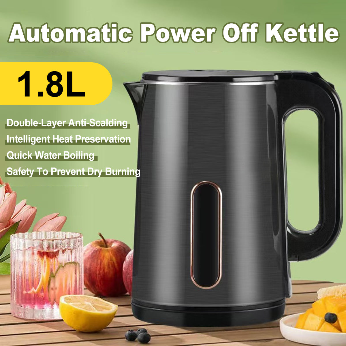 Electric Boiling Kettle 1.8L Stainless Steel Auto Shut-Off