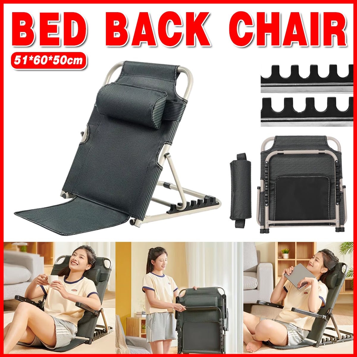 Adjustable Folding Bed Backrest with Armrest 40–90 Degree Support