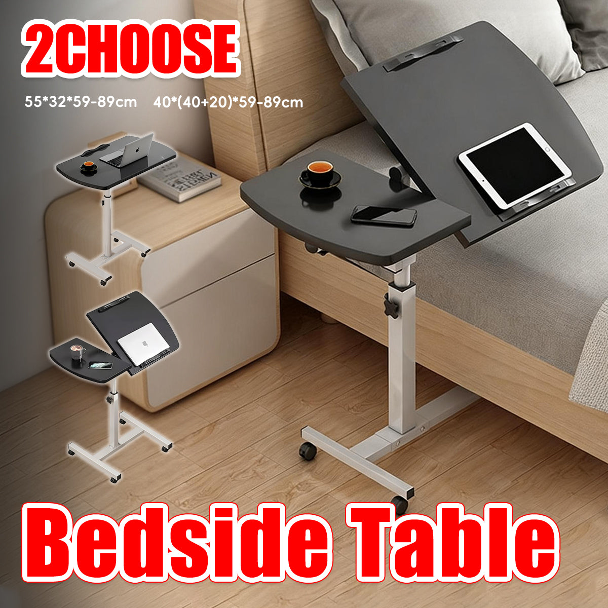 Adjustable Bedside Laptop Desk Foldable Wheeled