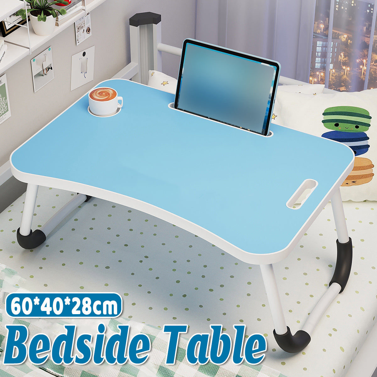Foldable Bed Side Table with Cup Holder and Device Slot for Home Use