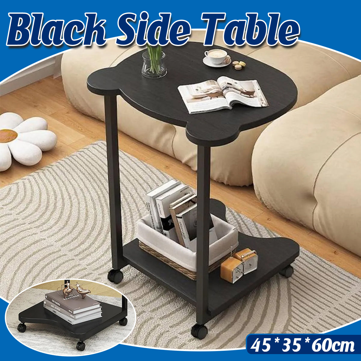 Black Mobile Side Table with Wheels Two Tier Storage Design