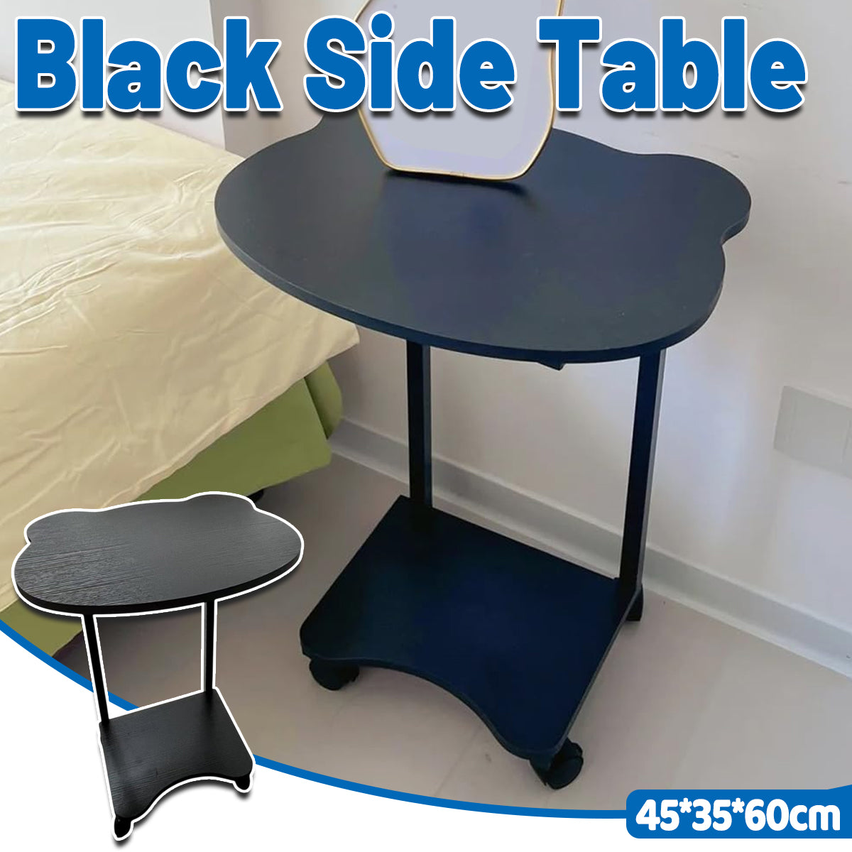 Black Mobile Side Table with Wheels Two Tier Storage Design