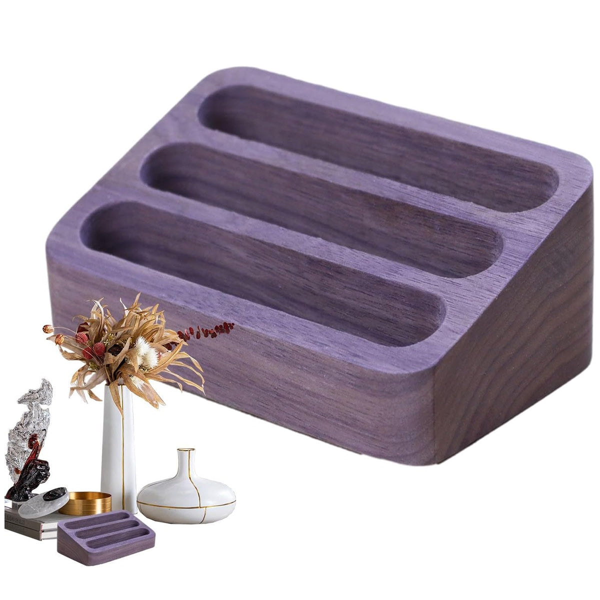 Black Walnut Business Card Holder 3-Compartment Organizer