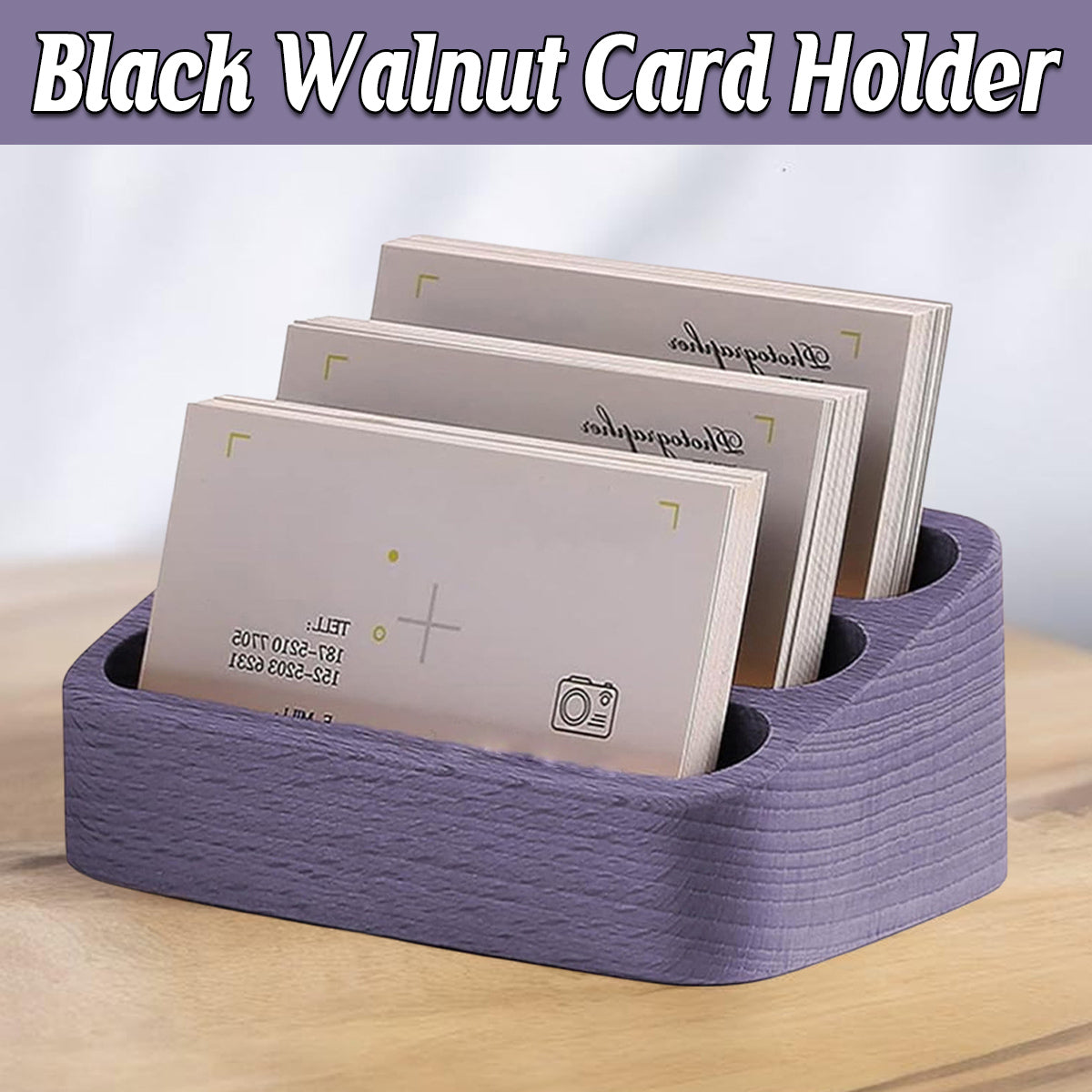 Black Walnut Business Card Holder 3-Compartment Organizer