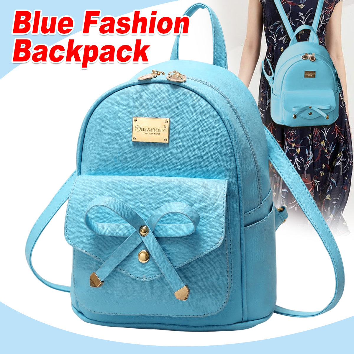 Blue Butterfly Shoulder Bag PU Leather Tote Student Schoolbag Backpack for Girls
