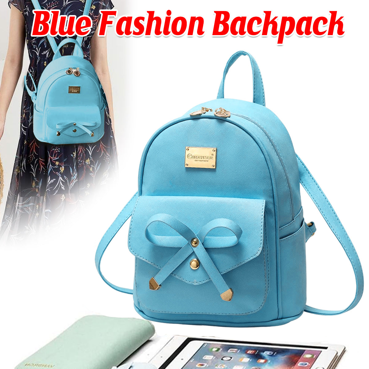 Blue Butterfly Shoulder Bag PU Leather Tote Student Schoolbag Backpack for Girls