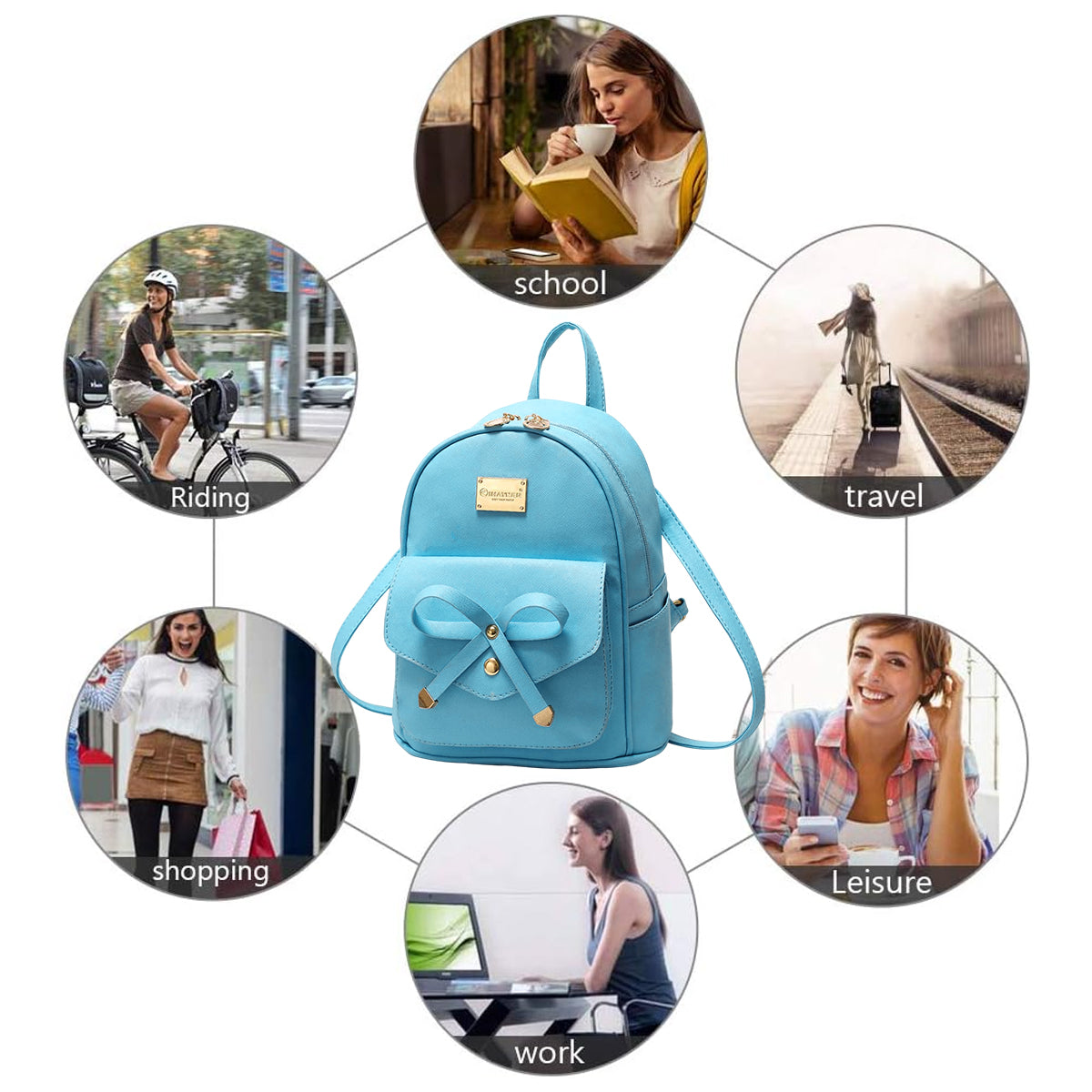 Blue Butterfly Shoulder Bag PU Leather Tote Student Schoolbag Backpack for Girls