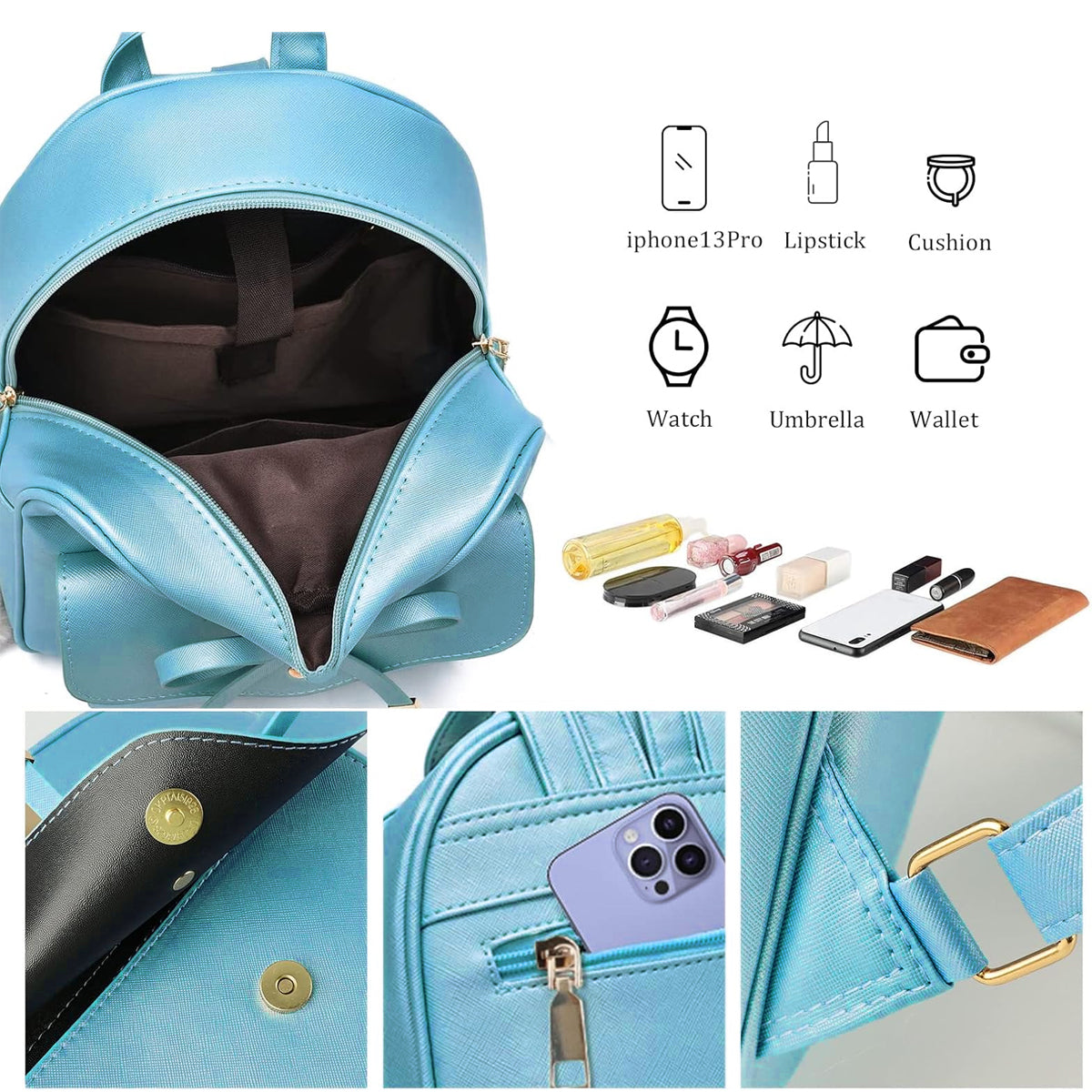 Blue Butterfly Shoulder Bag PU Leather Tote Student Schoolbag Backpack for Girls