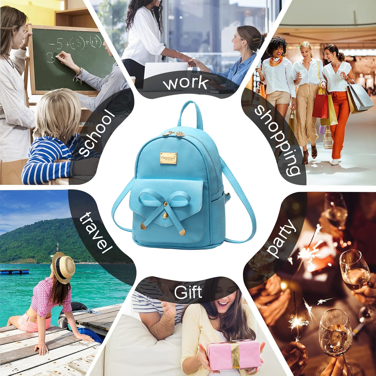 Blue Butterfly Shoulder Bag PU Leather Tote Student Schoolbag Backpack for Girls