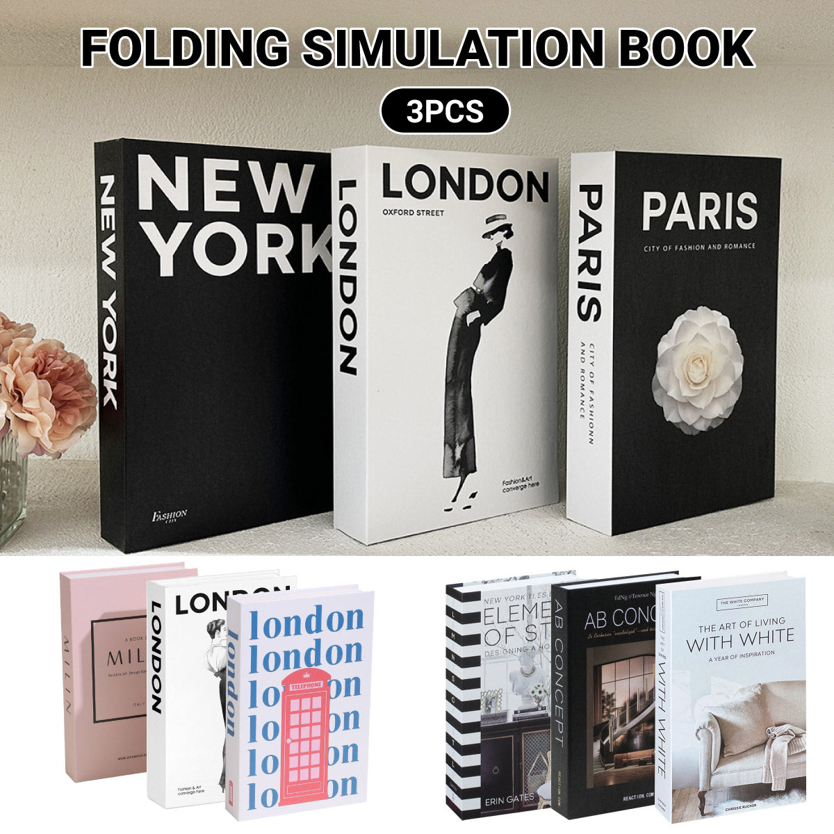 3 Pcs Foldable Fake Books Set with City Theme