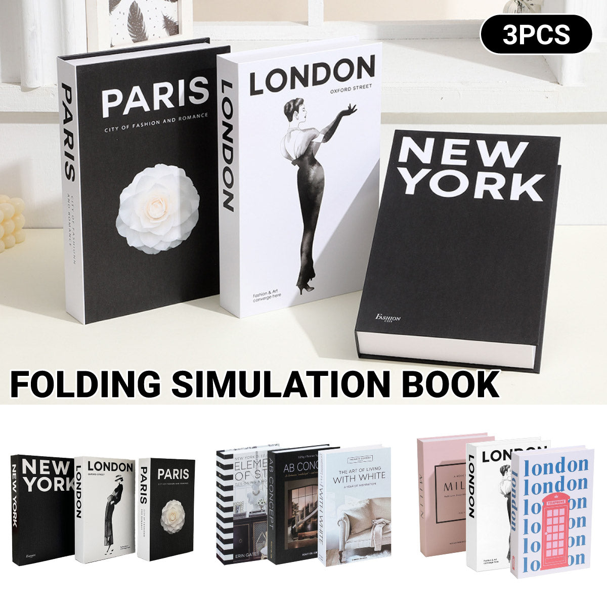 3 Pcs Foldable Fake Books Set with City Theme