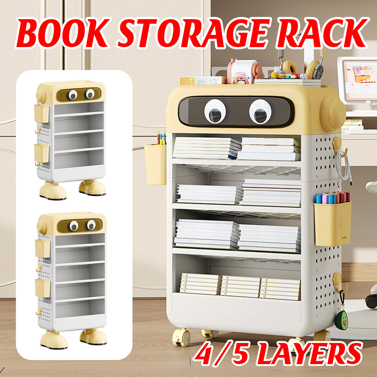 Cartoon Book Storage Rack with Wheels Side Baskets
