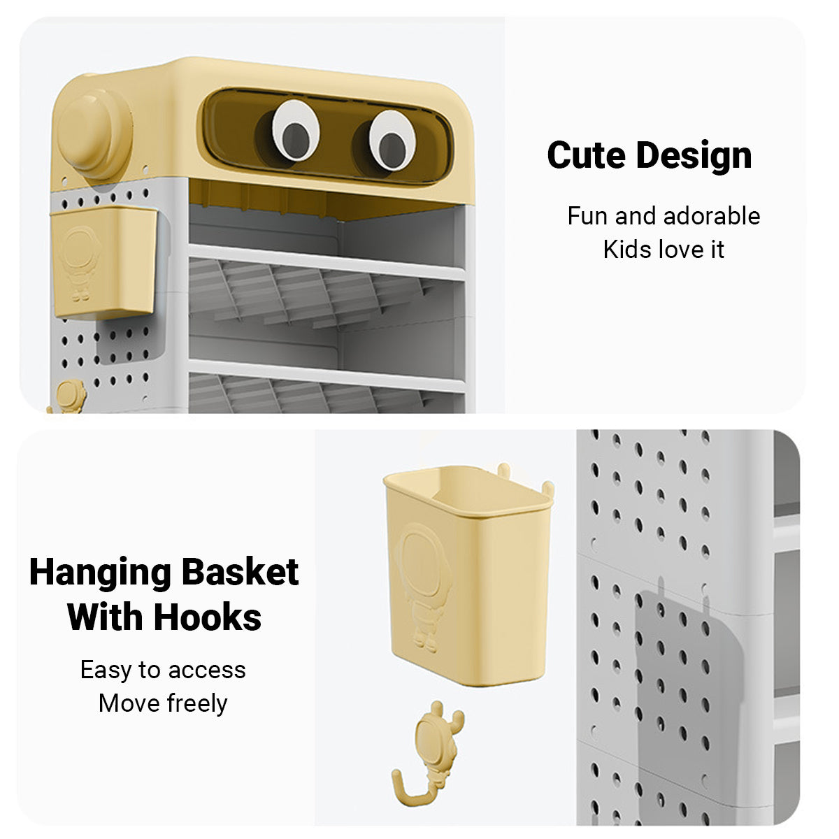 Cartoon Book Storage Rack with Wheels Side Baskets