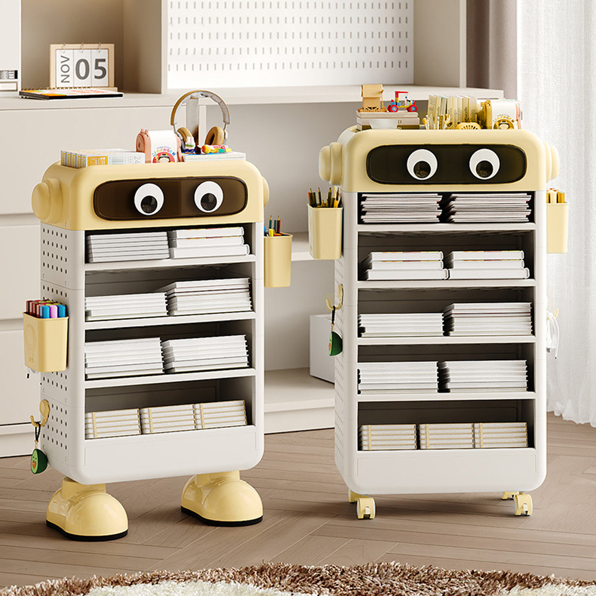 Cartoon Book Storage Rack with Wheels Side Baskets