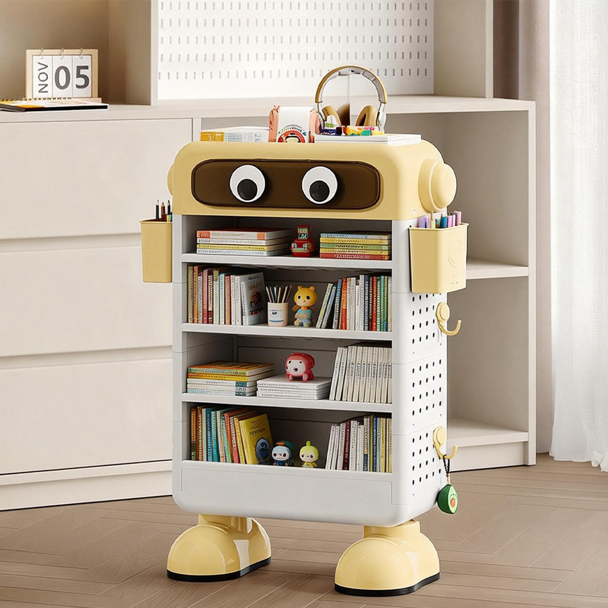 Cartoon Book Storage Rack with Wheels Side Baskets