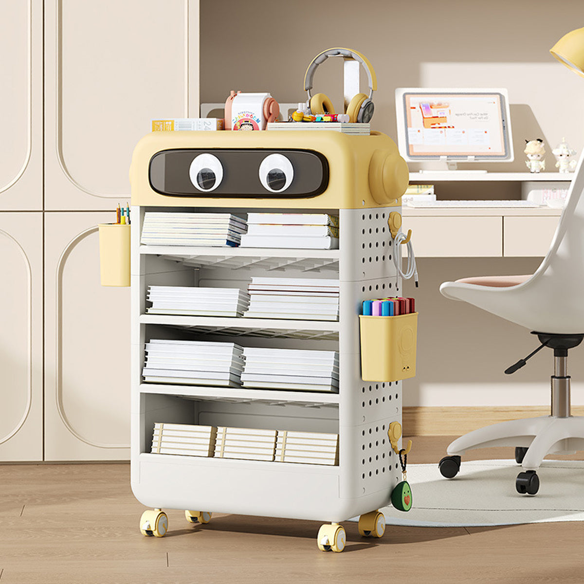 Cartoon Book Storage Rack with Wheels Side Baskets