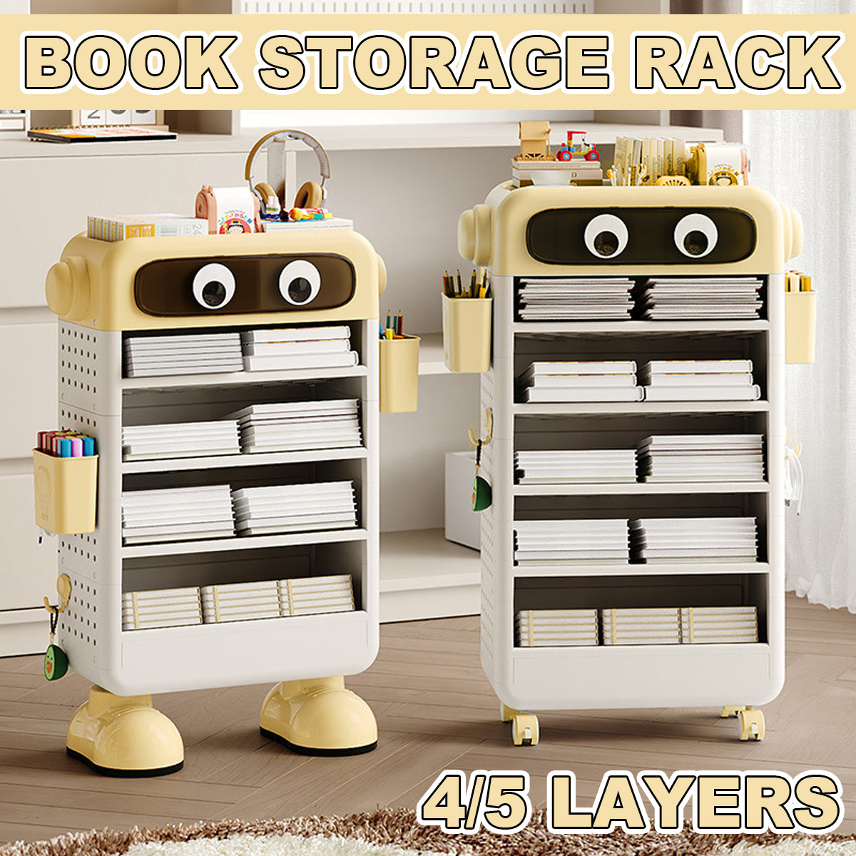 Cartoon Book Storage Rack with Wheels Side Baskets