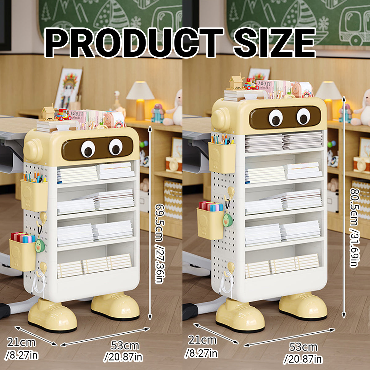 Cartoon Book Storage Rack with Wheels Side Baskets