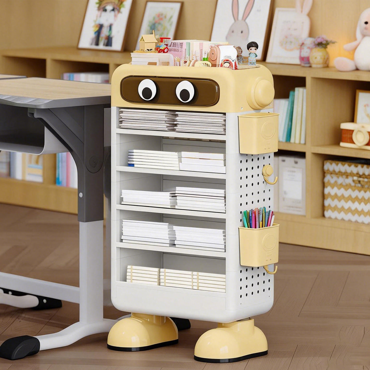 Cartoon Book Storage Rack with Wheels Side Baskets