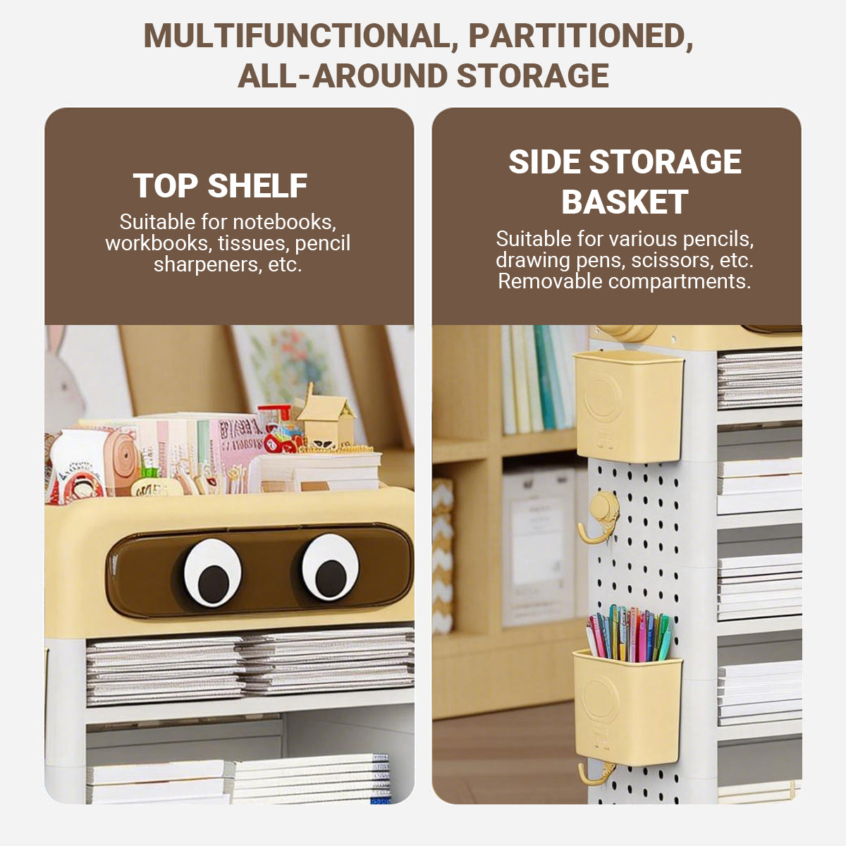 Cartoon Book Storage Rack with Wheels Side Baskets
