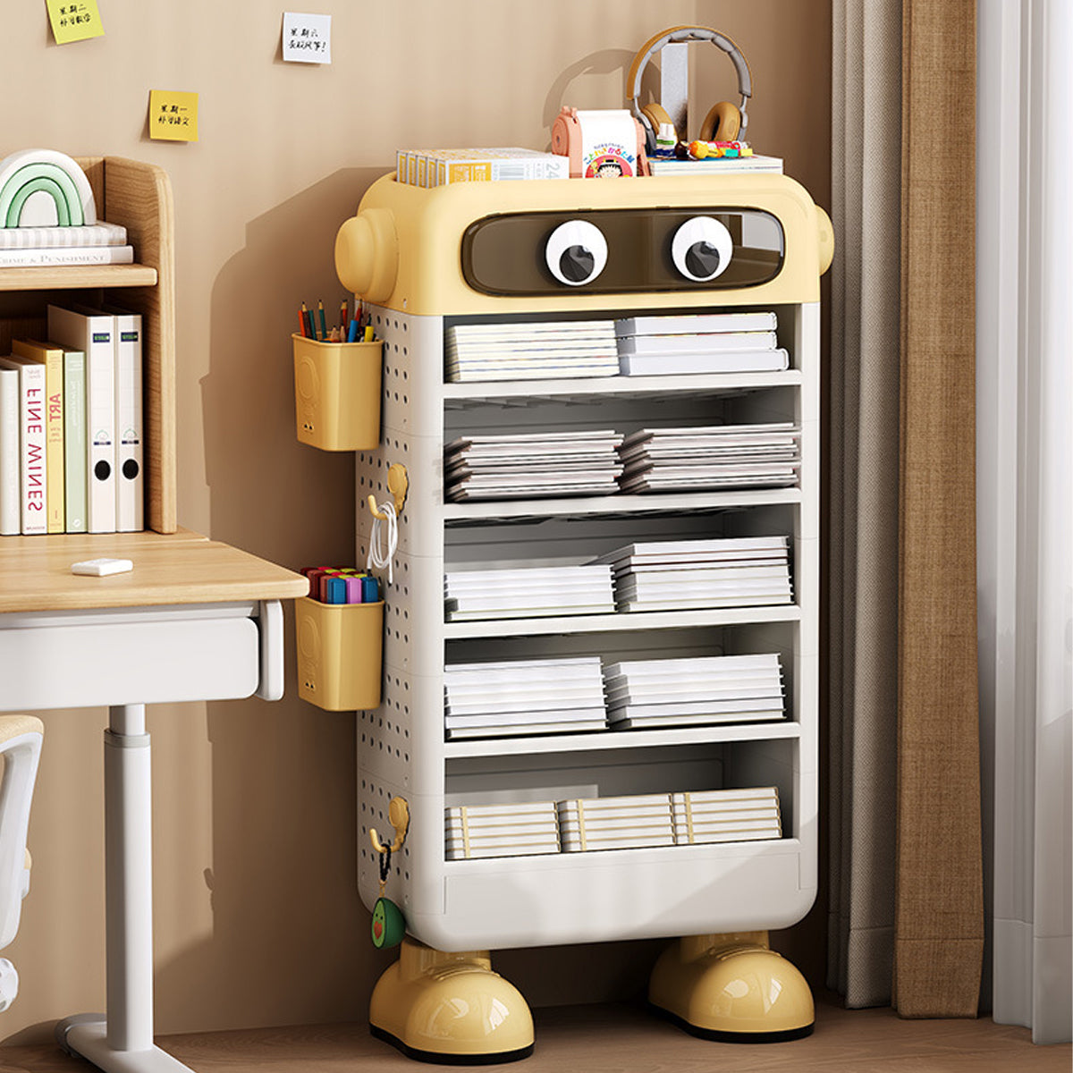 Cartoon Book Storage Rack with Wheels Side Baskets