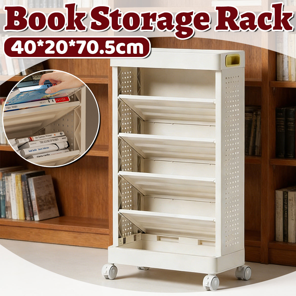 5-Tier Freestanding Mobile Storage Bookshelf Rolling