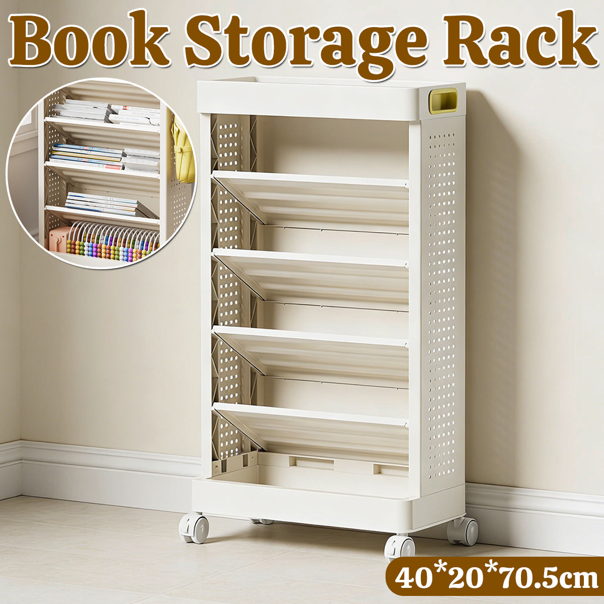 5-Tier Freestanding Mobile Storage Bookshelf Rolling