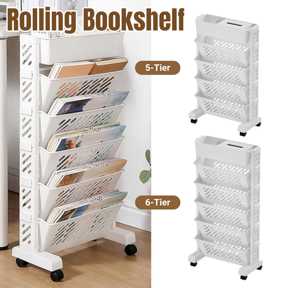 5 / 6 Tiers Rolling Bookshelf Storage Cart with Mobile Space Saving Design