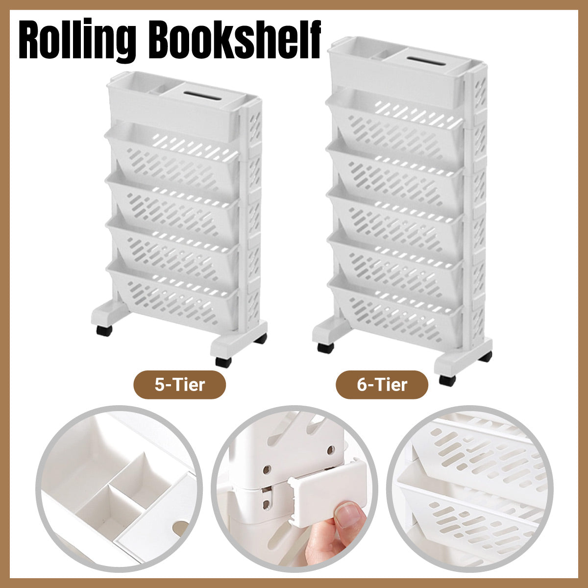 5 / 6 Tiers Rolling Bookshelf Storage Cart with Mobile Space Saving Design