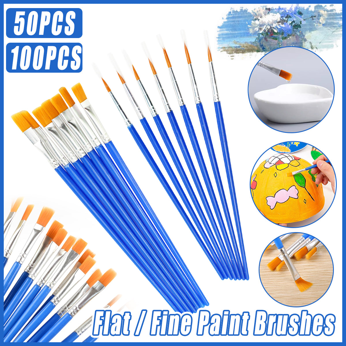 50/100 Pcs Plastic Flat Tip Hook Line Brushes for Kids DIY Ceramics & Watercolor Painting