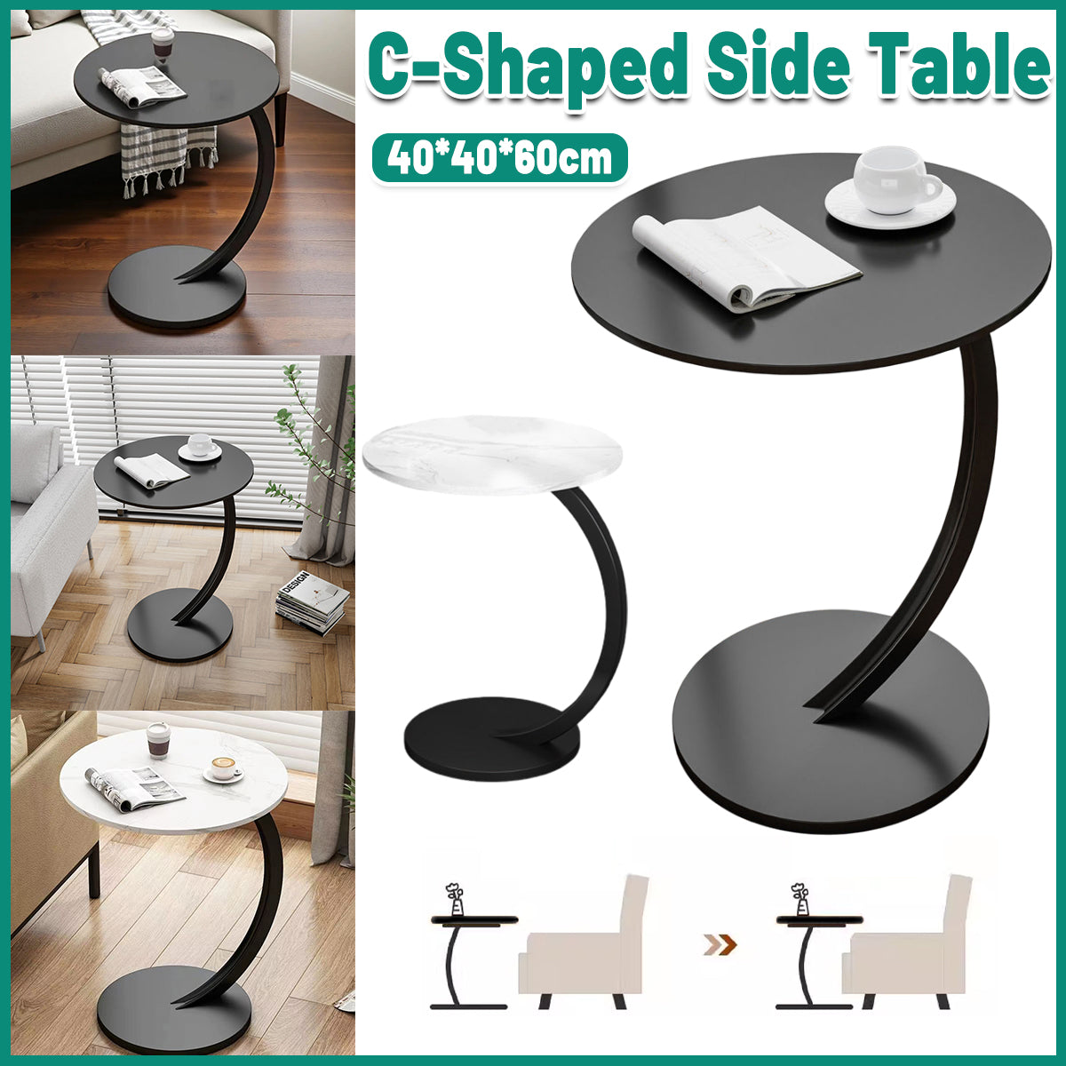 C Shaped Side Table Sturdy Carbon Steel Space Saving Design