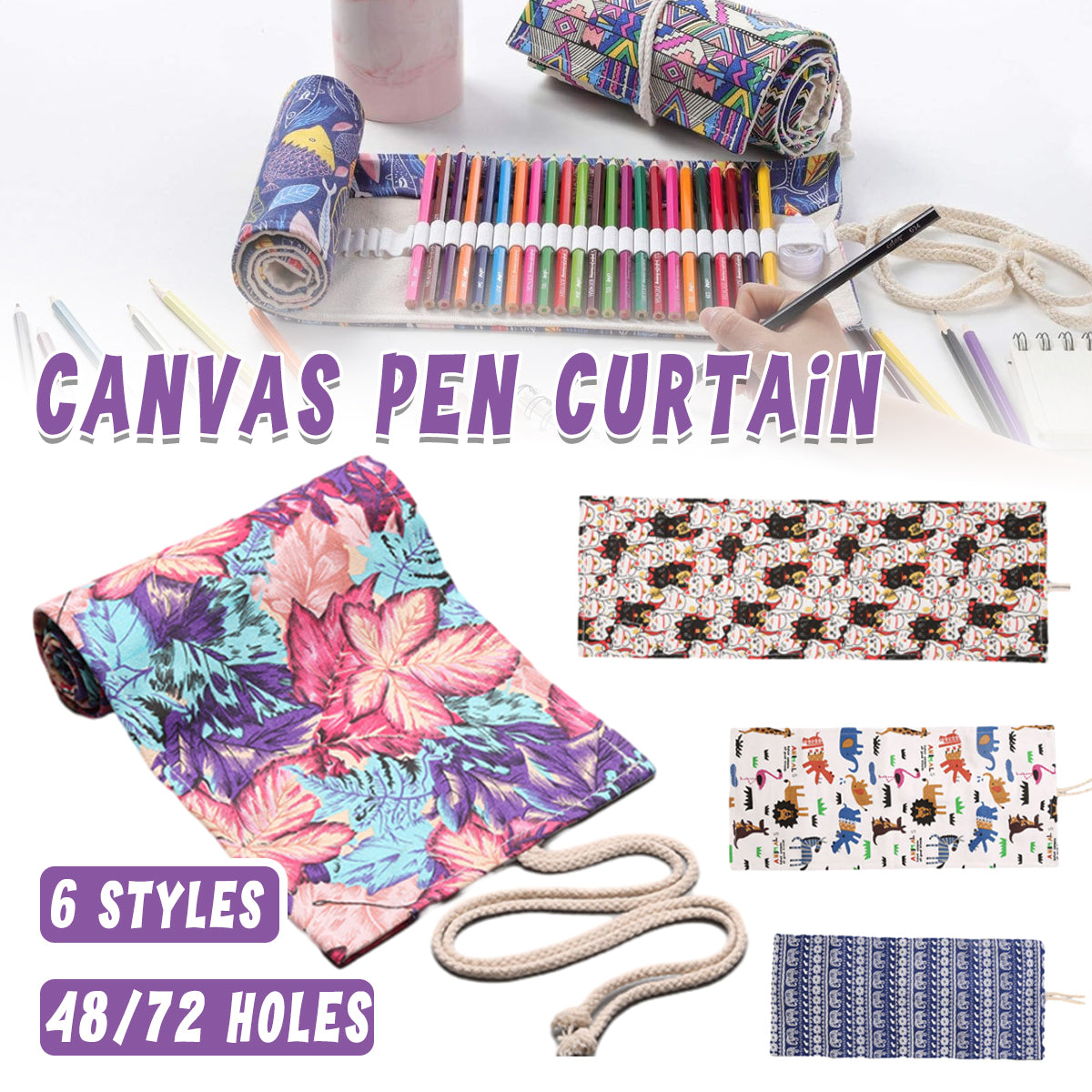 Canvas Roll Pencil Case 48/72 Holes with Drawstring Tie