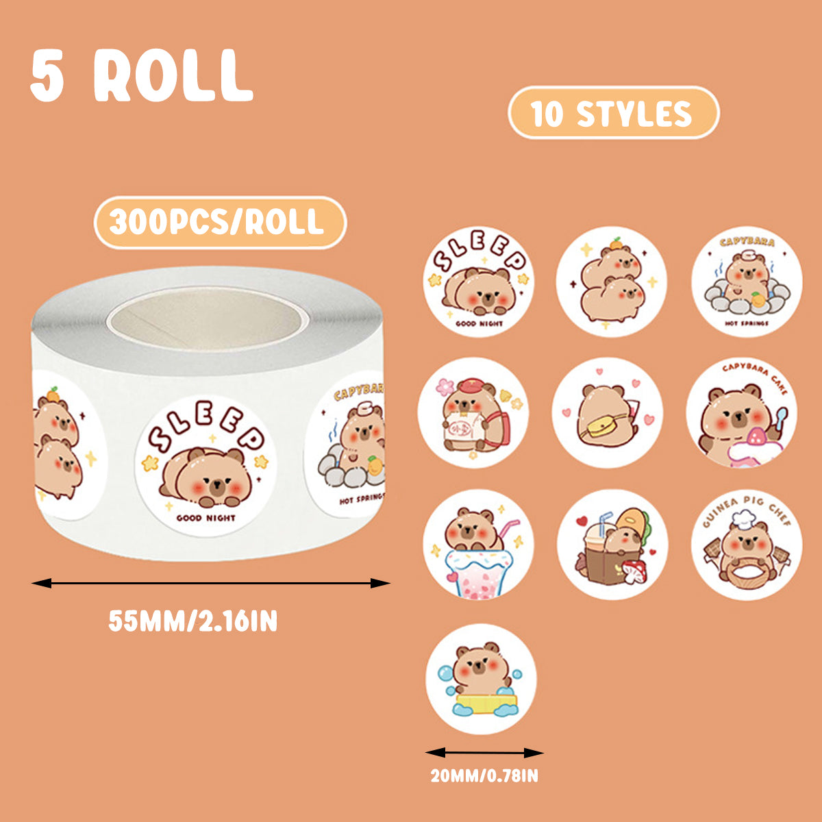 5 Rolls Kapibara Panda Seal Stickers Cartoon Round and Square