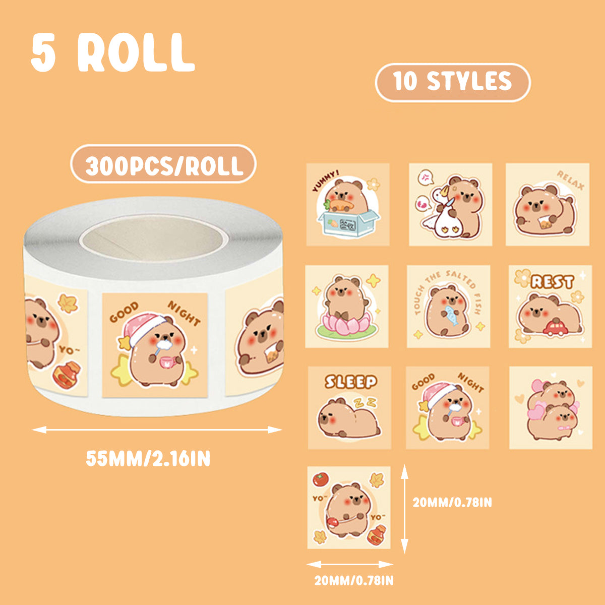 5 Rolls Kapibara Panda Seal Stickers Cartoon Round and Square