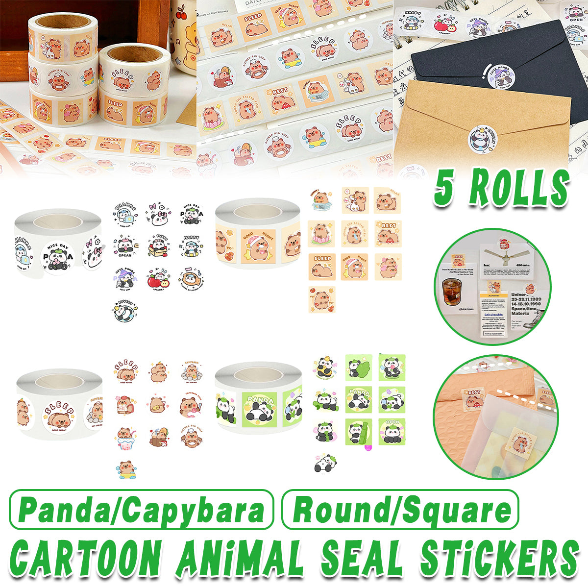 5 Rolls Kapibara Panda Seal Stickers Cartoon Round and Square