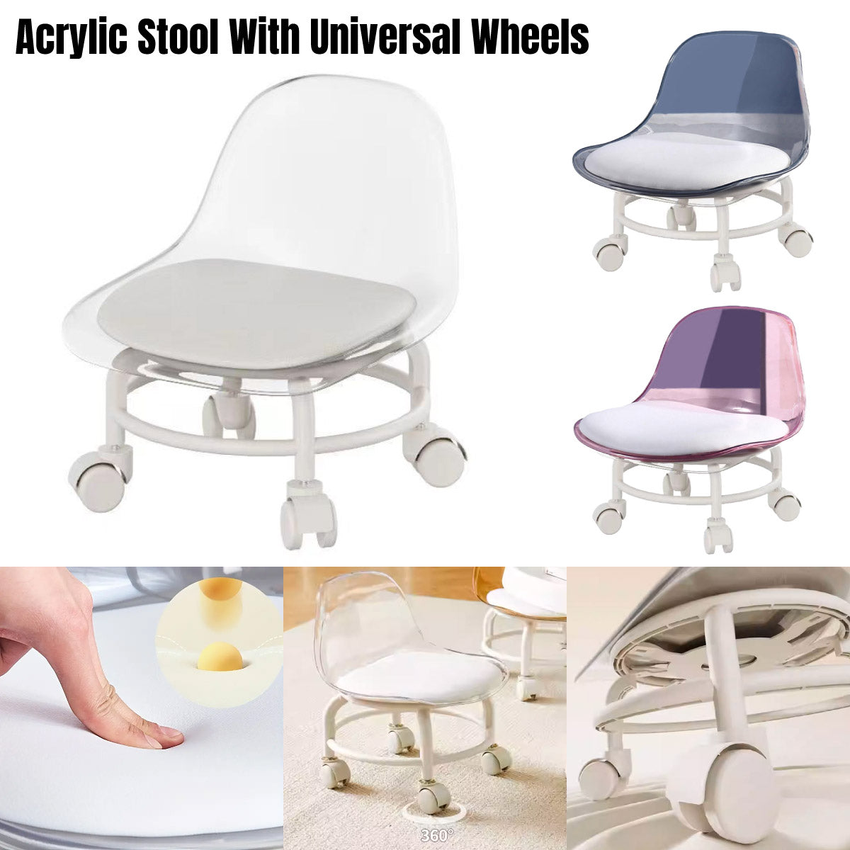 Rolling Stool with Acrylic Backrest and Wheels