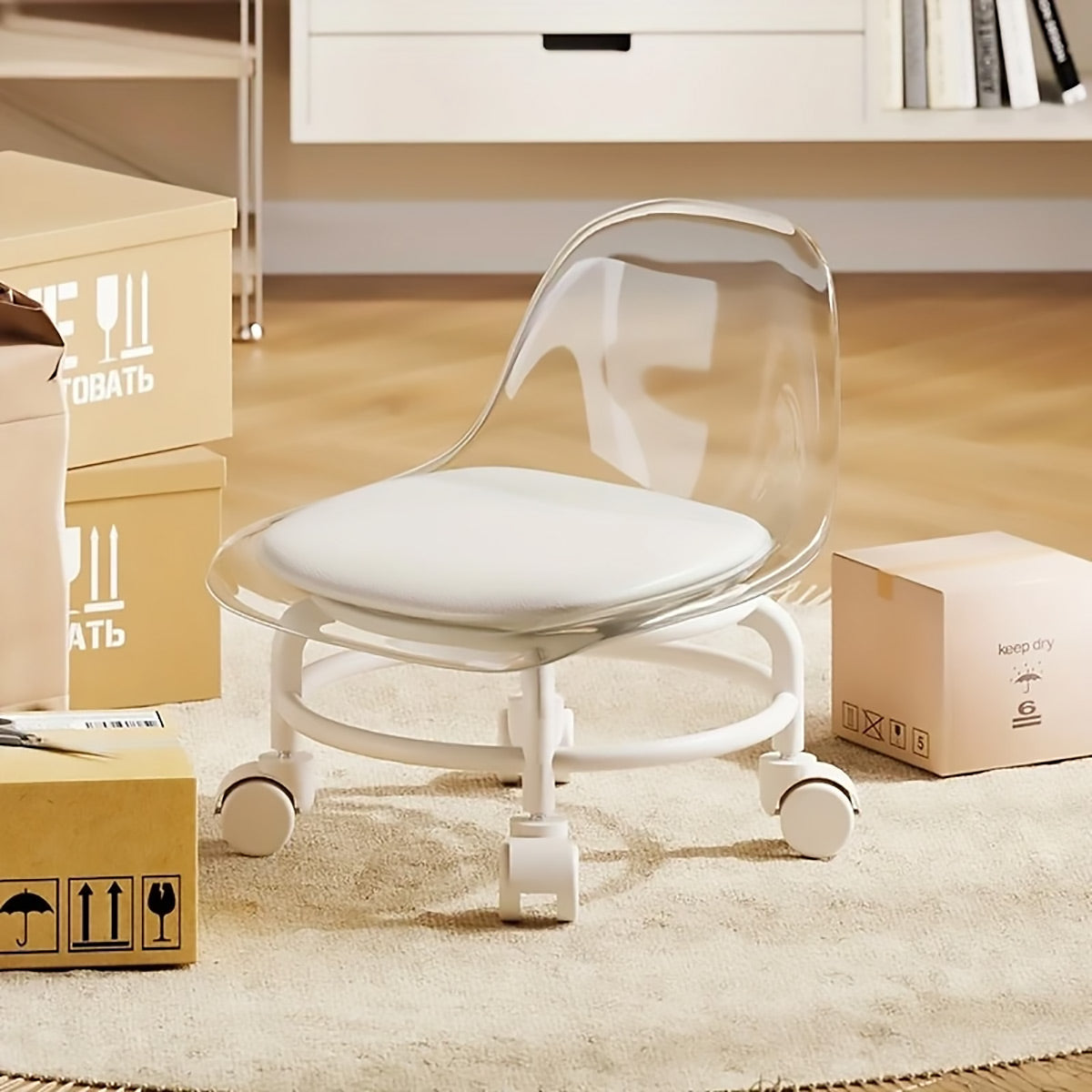 Rolling Stool with Acrylic Backrest and Wheels