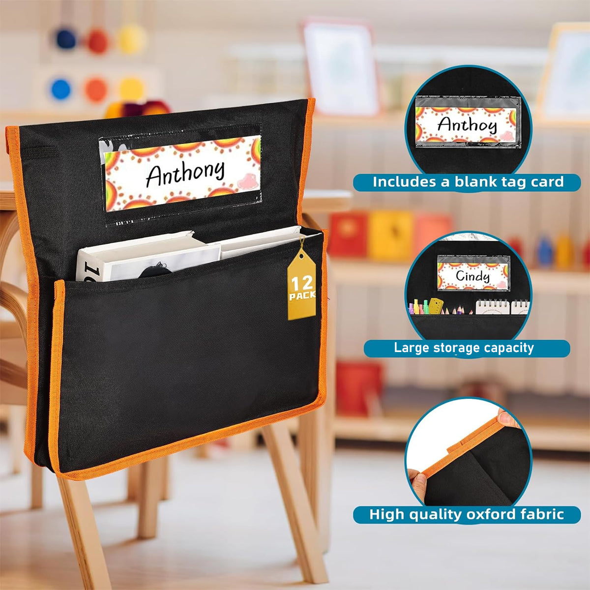 12 Pcs Classroom Chair Back Storage Bags Oxford