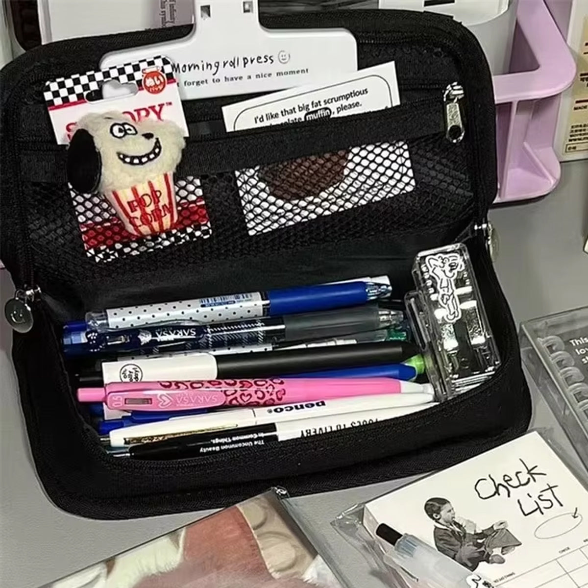 2 Pcs Checkerboard Pencil Case Set Canvas Large Capacity