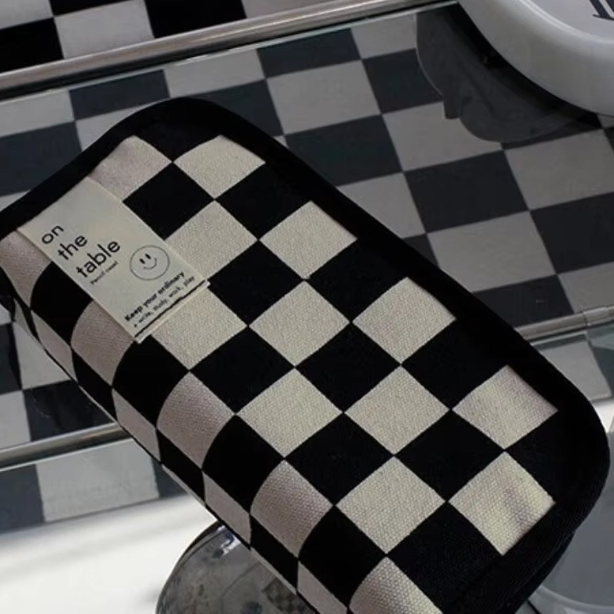 2 Pcs Checkerboard Pencil Case Set Canvas Large Capacity