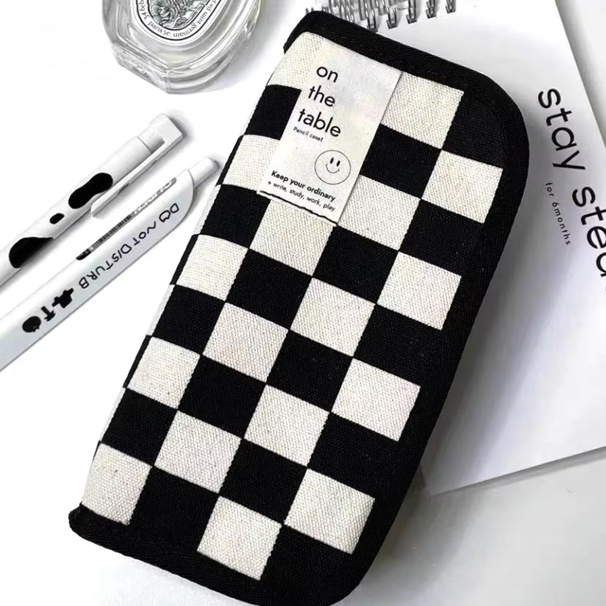 2 Pcs Checkerboard Pencil Case Set Canvas Large Capacity